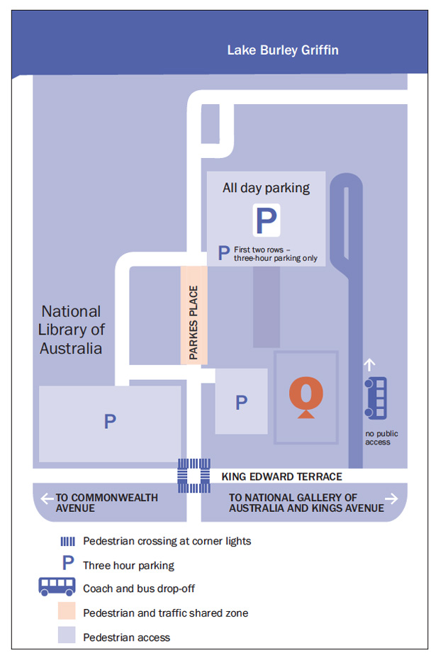 Map of Parking around Questacon - Jun 2013 Map of parking around Questacon. All day parking and three hour parking is available off Parkes Place. Pedestrian crossings are at the Parkes Place and King Edward Terrace traffice lights. Coach and buss drop- off is avaiable on the eastern side of Questacon off King Edeard Terrace. The National Library of Australia is situated to the west of Questacon.