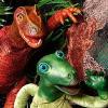 A green and a red puppet dionsaurs