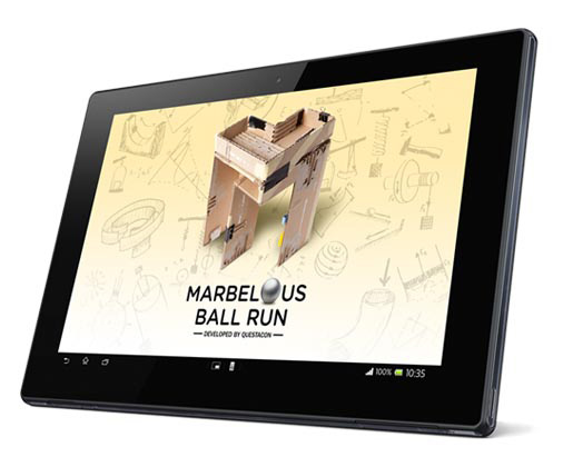 an electronic tablet with the words Marbelous developed by Questacon