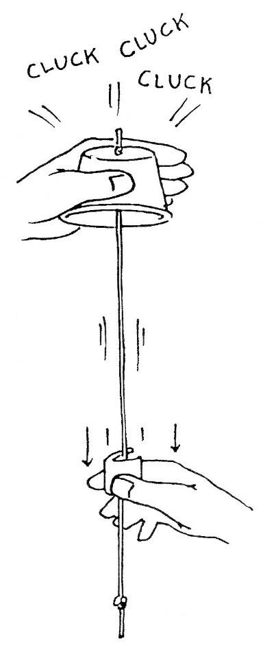 Clucking cup An image showing a cup with wet string that is being pulled to make a noise