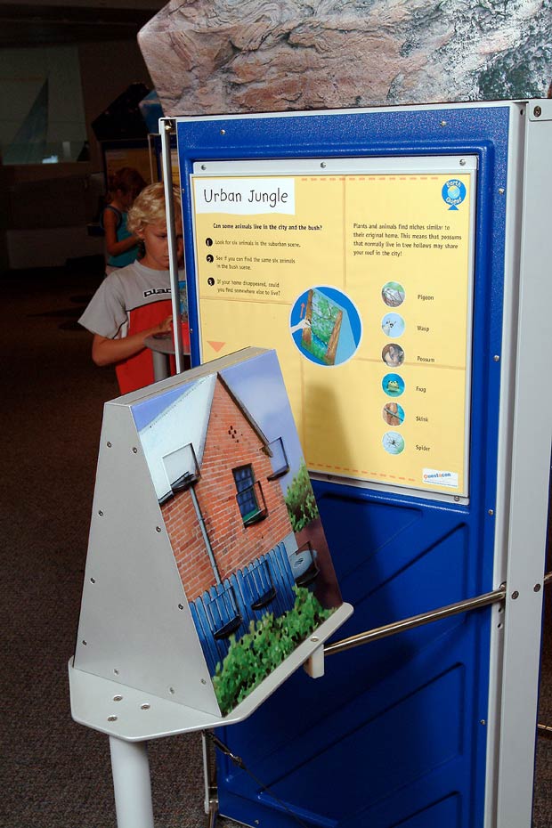 Animals adapt when their natural environment is replaced by human-built structures. An exhibit with a yellow and blue information panel at the back and a triangular prism with a picture of house at the front.