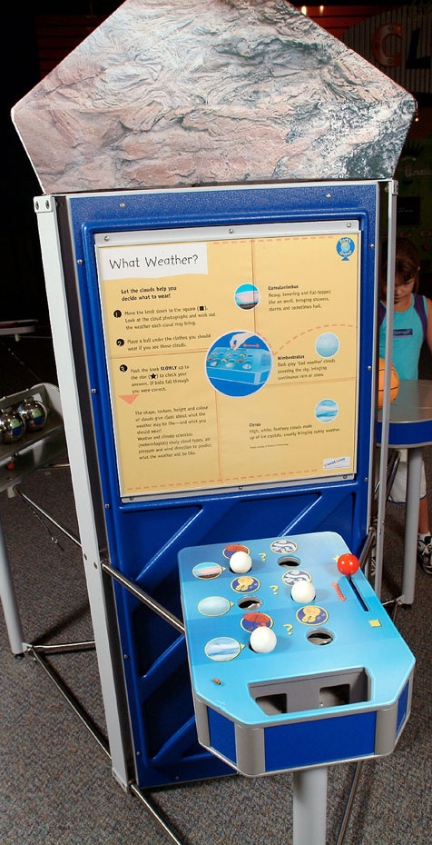 Different cloud shapes, textures, height and colour give clues about what the weather may be like later today or tomorrow. An exhibit with a blue and yellow information panel at the back, and a blue table in front that has holes in the top as well as white balls and a red lever.