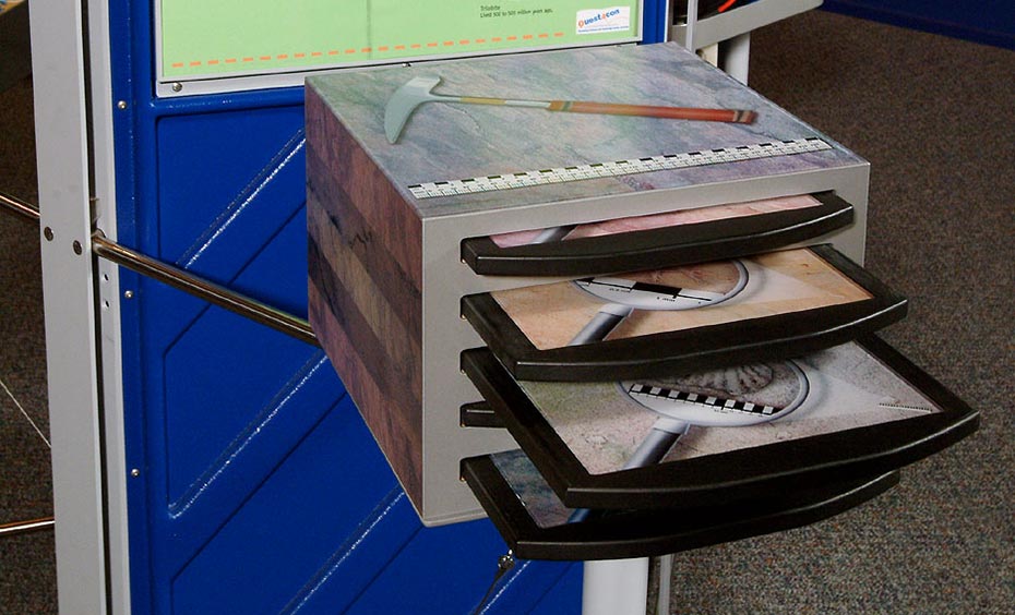 Pull out each drawer (earth layer). Check which index fossil is inside. A blue, green and grey exhibit, with draws at the front and an information panel at the rear.