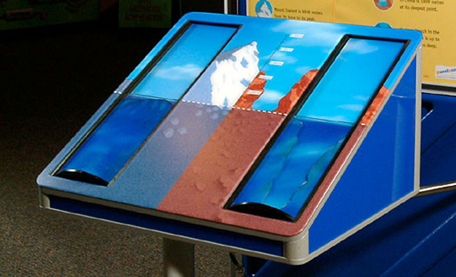 Move the mountain and trench up to the sea level to check the scaled height of different mountains and trenches located on Earth. A triangular prism shaped display panel in blue and brown that represents mountains and under the sea.