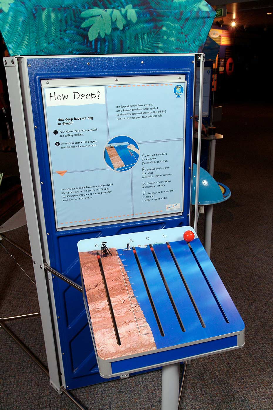 Most living things exist on Earth's surface, but some living things (including humans) have ventured or explored many kilometres in depth A blue and brown exhibit table and matching information panel at the back.
