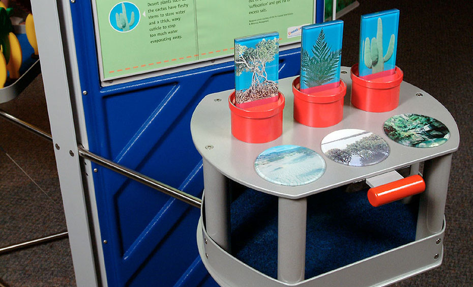 Insert the plant tokens into the matching landscape pots, then pull a bar to check your plant quiz answers. A blue, green and grey exhibit table and matching information panel with red pots and pictures of plants on the front grey table.