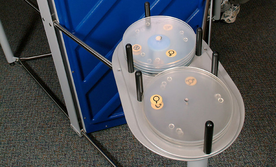 A grey table with black verticle holders, and in between are clear flat circular discs. Compare scaled images of each planet in the Solar System.