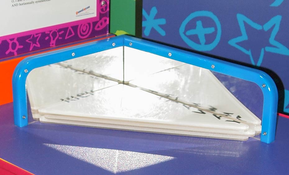Place the triangular piece of wood with its secret message against the mirrors. Two blue framed mirrors at right angles to one another, with three white triangular pieces stacked in-between. There are letters cut in half, on the white pieces.