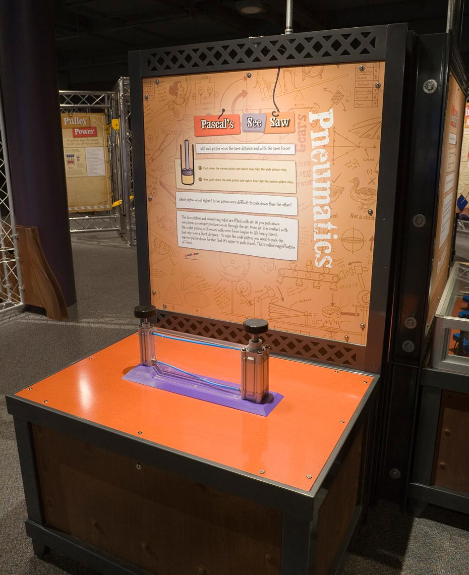 Pressure applied over an area generates a force that can do work. Changing the area or the pressure increases or decreases the force. A black and orange exhibit table, with matching information panel at the back. On the table sits two silver pistons with black handles and a purple base between them.