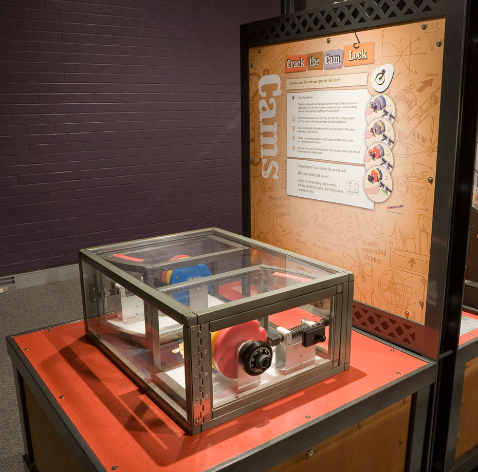 Cams are used in certain kinds of locks. A black and orange exhibit table, with a brown and white information panel at the back. On the table sits a steel and perspex combination safe with colourful cams visible.