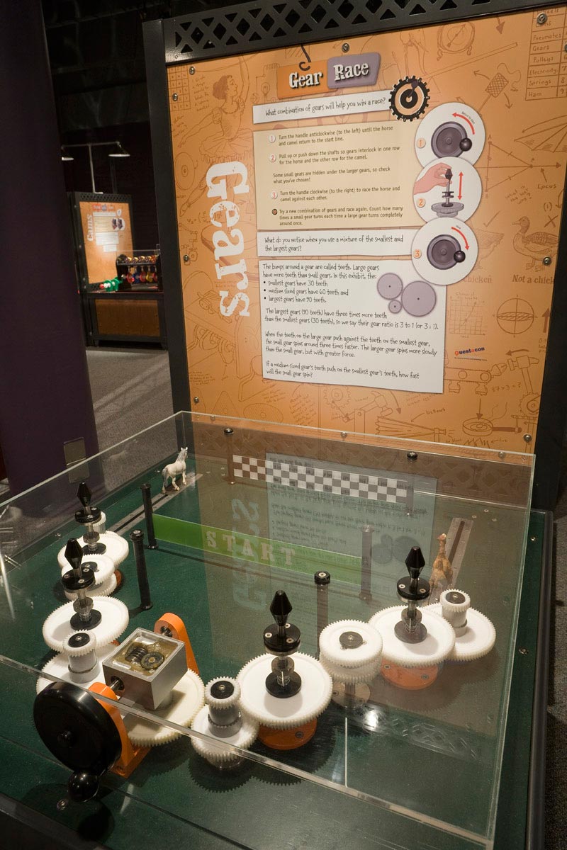 Different sized gears can be used to magnify force or distance (speed). A black exhibit table with a clear perspex box over it, enclosing a series of white gears all connected together. At the back of the table is a brown and white information panel.