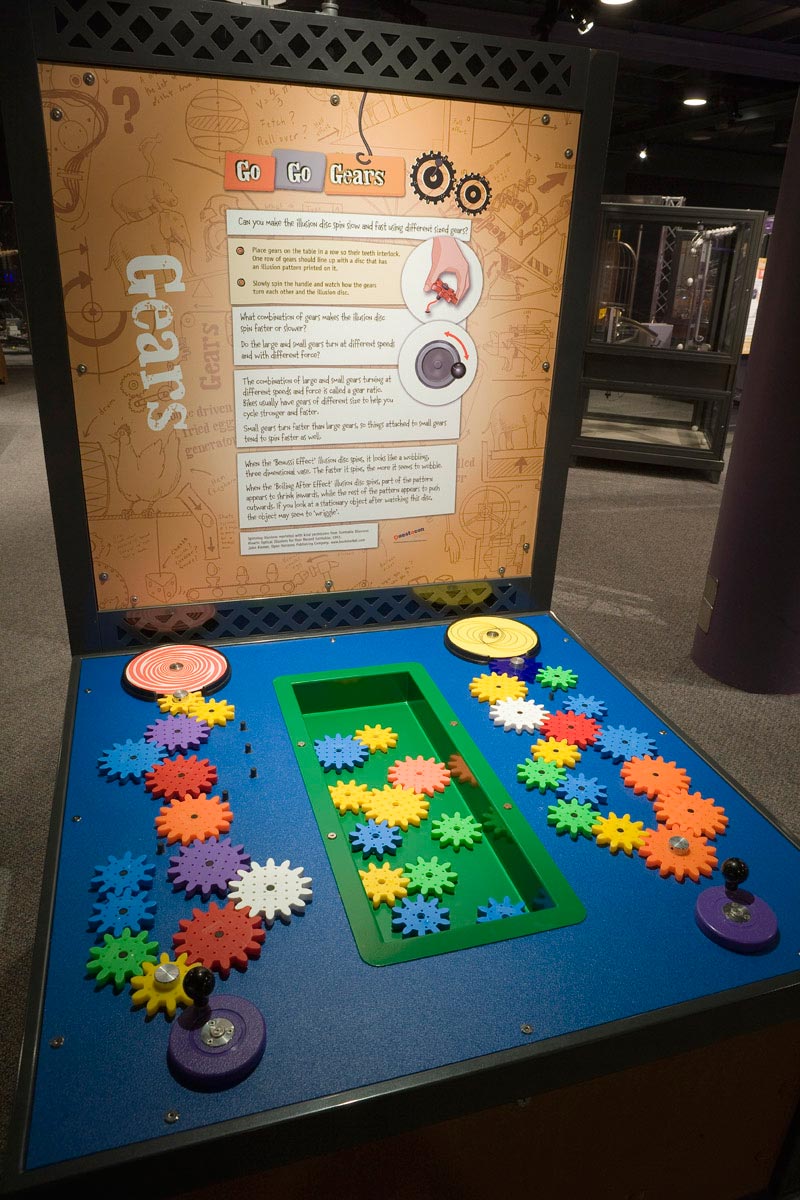 Different sized gears can be used to magnify force or distance (speed). A blue and black table with a brown and white information panel at the back. On the table top, sits multiple different coloured and sized gears, interlinked and sitting in a green tub.