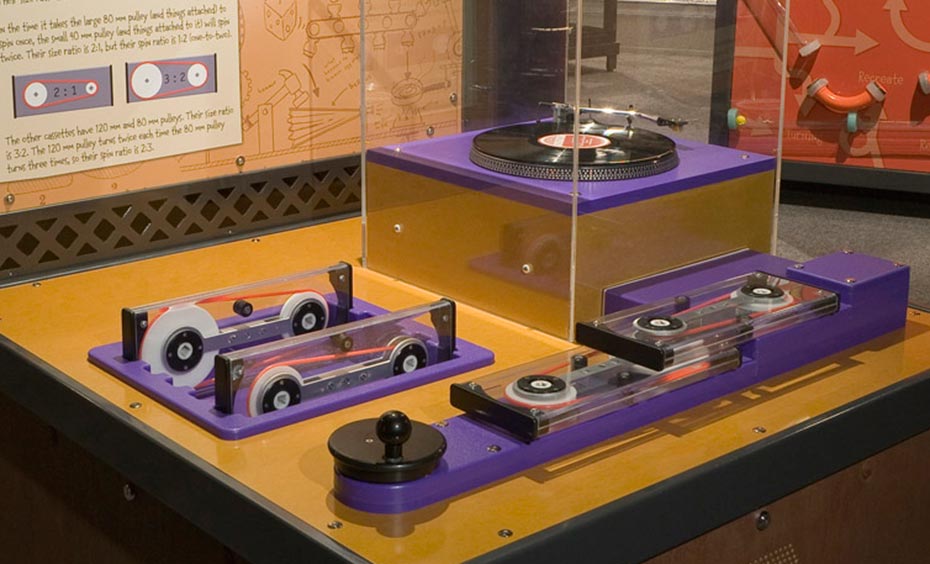 Connect cassettes containing different sized pulleys to broadcast a song, or make a cartoon pelican fly. A timber, black steel and yellow exhibit table with a matching vertical information panel at the back. On the table top sits a record player in a perspex box surrounded by purple and black gears contained in rectangular perspex boxes.