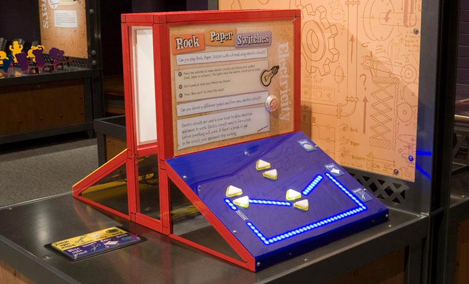 Two people press switches to complete an electric circuit and illuminate a rock, paper or scissors icon as part of this traditional game. A timber and black exhibit table with a red, brown, white and blue exhibit sitting on the table top. The exhibit has a sloping blue face with arrow buttons on it, and a vertical information panel at the back.