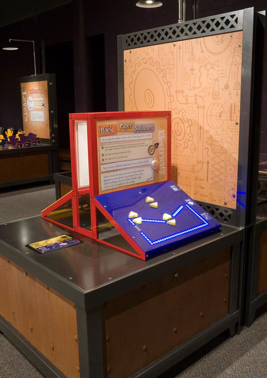 An electric field can only be present within a closed circuit. A timber and black exhibit table with a red, brown, white and blue exhibit sitting on the table top. The exhibit has a sloping blue face with arrow buttons on it, and a vertical information panel at the back.