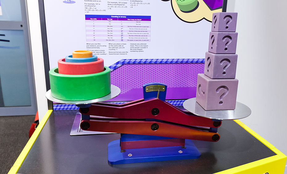Work out the mass of an unknown object by comparing it to a series of known masses ( 50 g, 150 g, 450 g and 1350 g) using a novel counting system known as balanced ternary. A red and blue scale with 4 purple blocks on one side and coloured weights on the other.