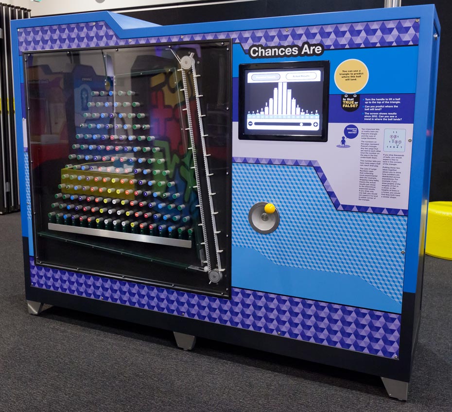 Can you see a trend in where the ball lands from results on the screen? A large blue rectangular exhibit with a glassed area to the left and a monitor to the right.