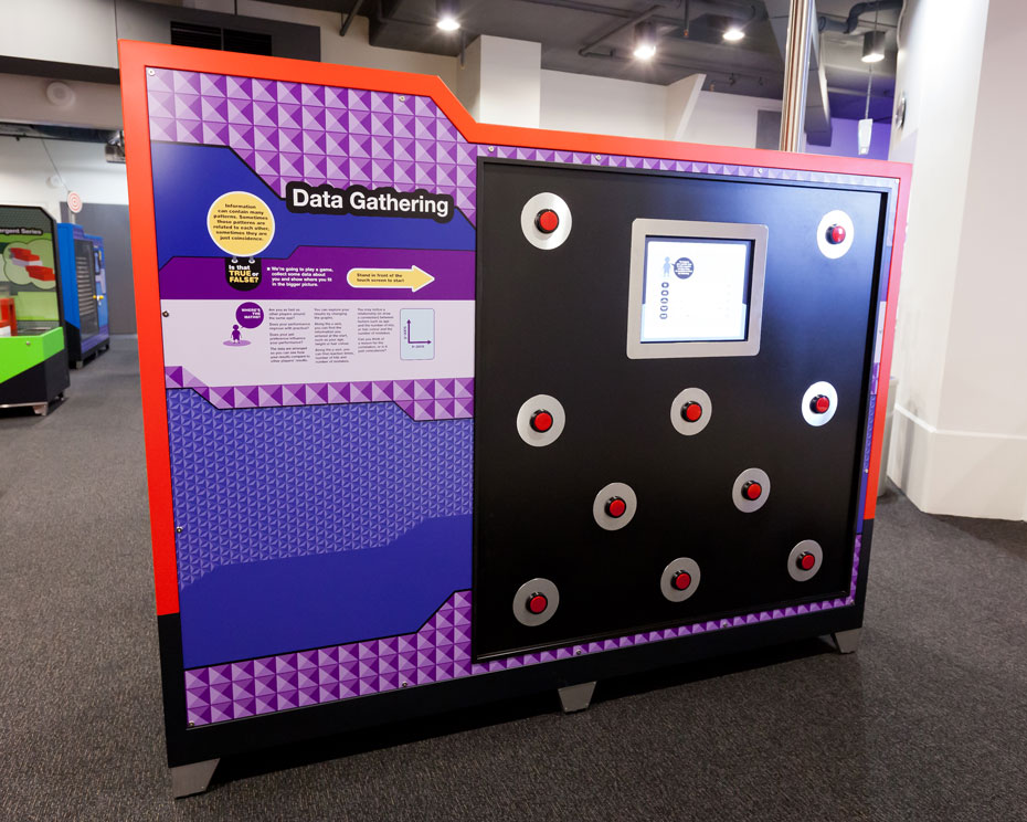 Enter your details about hair colour, age, even pet preference on a screen, then take the reaction timer test and see how you compare to people who are similar or different to you. A large red, black, blue and purple rectanglue exhibition
