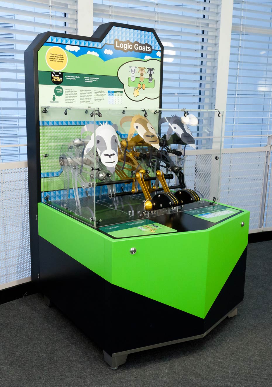 Logic gates communicate 'NOT', 'AND' and XOR (exclusive OR) output signals. In front of a large windows with white slat blinds, sits a green, black, blue and white exhibit that has a display table enclosed in perspex at the front and an information panel at the back. There are three mechanical goats on the table.