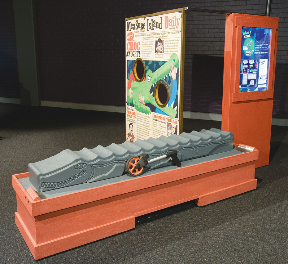 Measure a crocodile's back two different ways and compare the results. A orange table has a grey plastic crocodile sitting on it, along with a surveyor's wheel. Behind stands two vertical information panels.