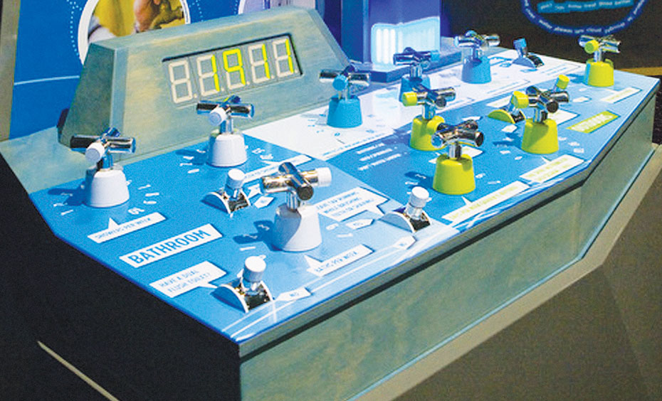 Set the taps and switches to show your water use on the screen. A blue and white exhibit with lots of taps and switch in front of digital numbers and a vertical information panel titled 'Water Footprint'