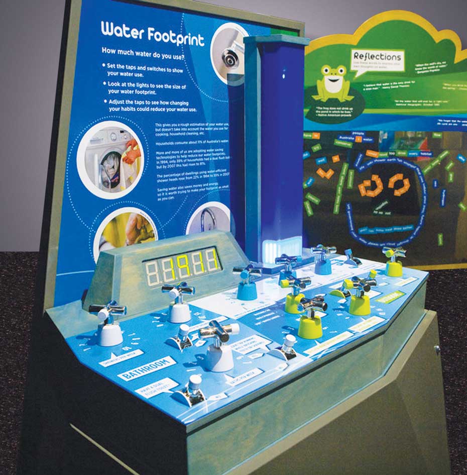 Find out how much water is currently used around your home and how you can reduce how much water you use. A blue and white exhibit with lots of taps and switch in front of digital numbers and a vertical information panel titled 'Water Footprint'