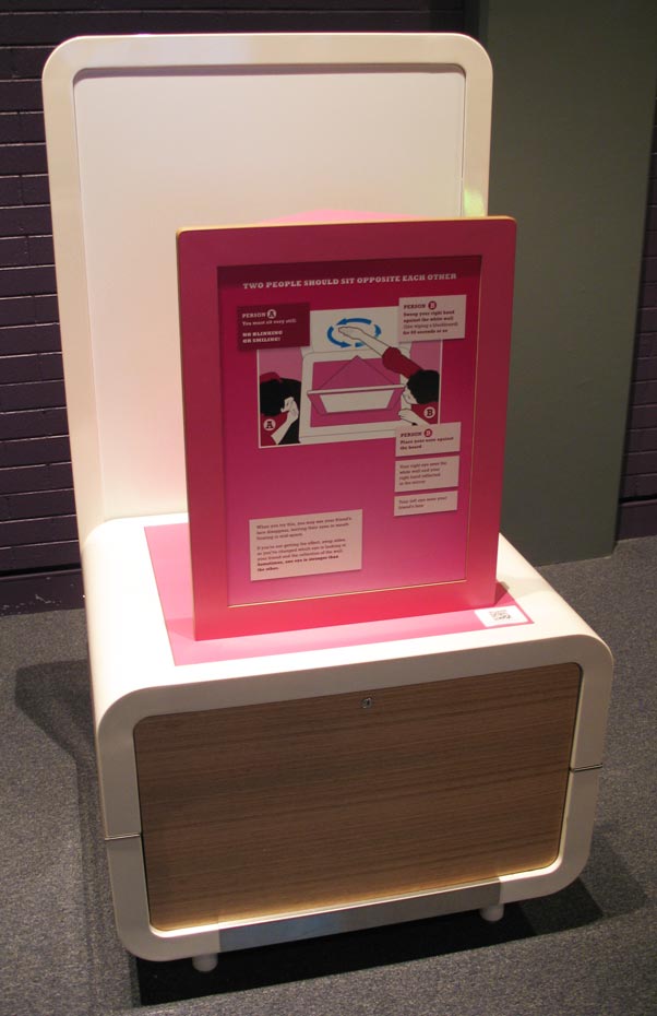 This exhibit demonstrates how your brain ‘fills in’ blind spots and your preference to notice movement rather than faces. A cream and pink exhibit table with a pink information panel in the centre.