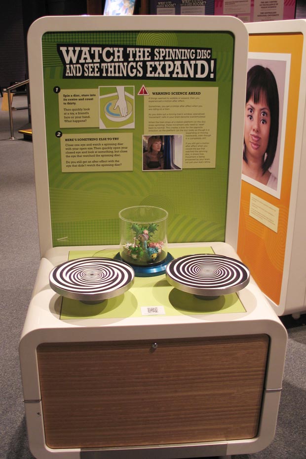 Stare into a spinning disc, then quickly look at something else and notice a strange effect. A cream and green exhibit table and backboard with the title 'Watch the spinning disc and see things expand!. Two horizontal discs sit on the table top with black and white spiral patterns.