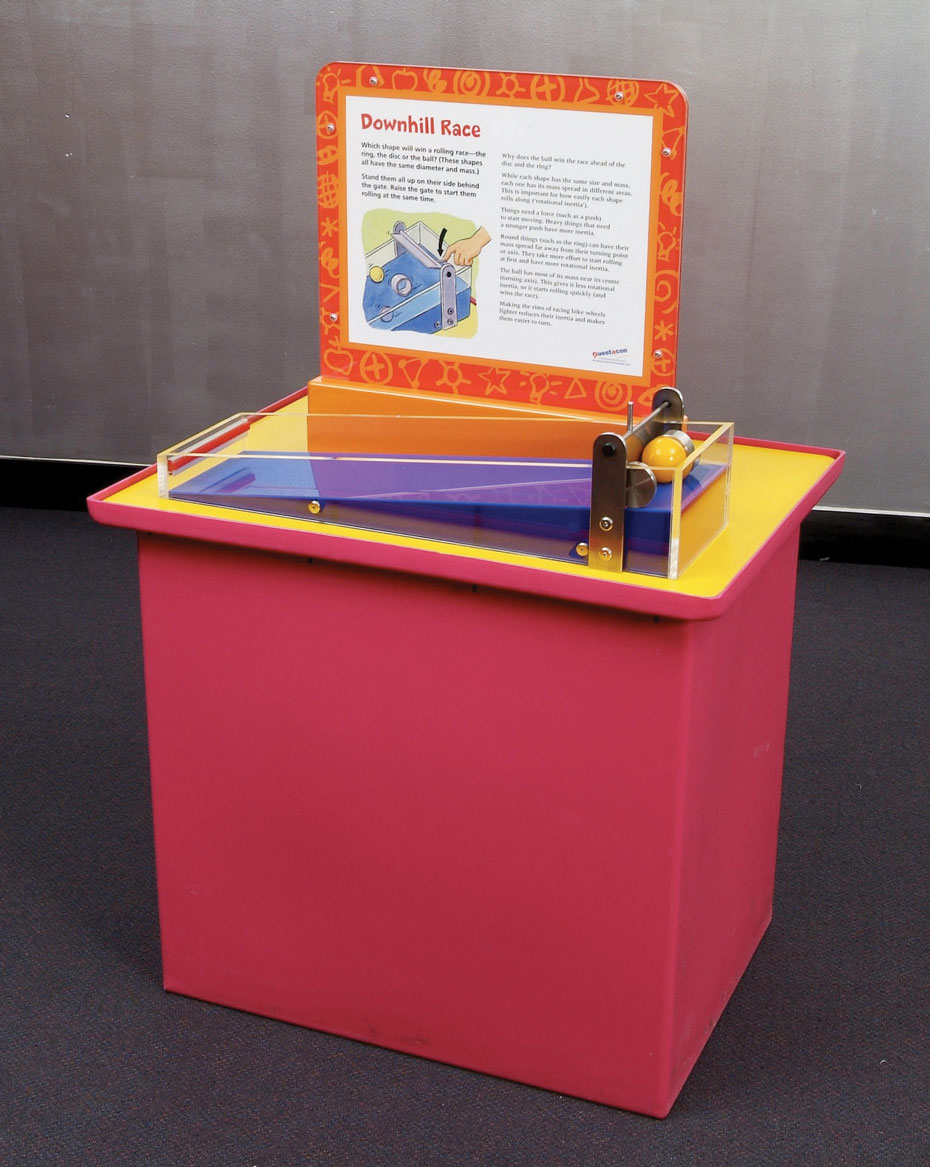 When something spins or rolls, the location of its mass from the central turning point affects how quickly the object spins. A red and yellow exhibit table, with an orange and white information panel on top. On the table top sits a purple long wedge contained in clear perspex and has a yellow ball at the high end contained by a steel gate.