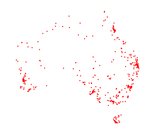 a map showing distribution of the flower spider in Australia. Dots are show along most coast lines, and less frequently in the centre of Australia. Concentrated areas are in major cities, except Darwin in the north.