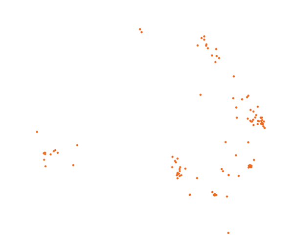Map of Australia showing distribution of the bird-dropping spider. Dots appear in the areas of Perth in the left of map, Adelaide, in the south centre of map, south-ease Queensland in right centre of map, north Queesnland in top right of map, and Sydney and Melbourne areas.