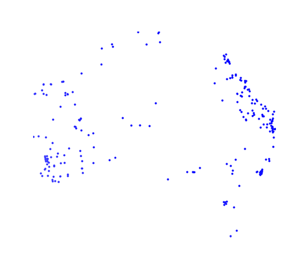 Map of Australia showing distribution of the net-casting spider. Dots appear across map with heavier areas in far left and right of map.