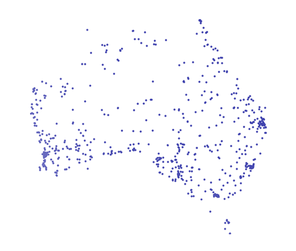 Map of Australia showing distribution of the red-back spider. The distribution is very evenly spread out, with slightly higher areas in capital cities areas.