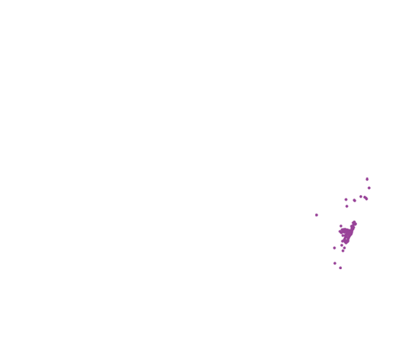Map of Australia showing distribution of the Sydney Funnel-web spider. Dots appear concentrated in Sydney area (right lower part of map) with some dots slightly more north towards Brisbane.