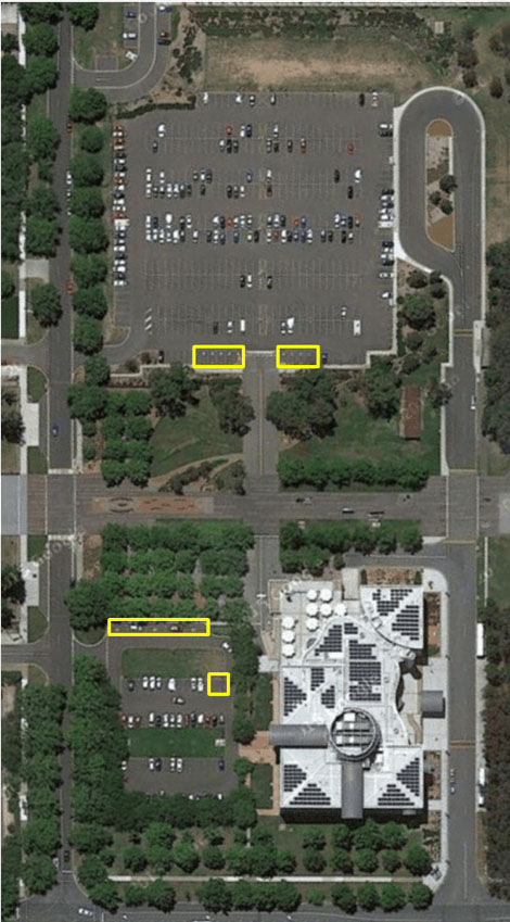 An overhead view of Questacon indicating the location of accessible parking