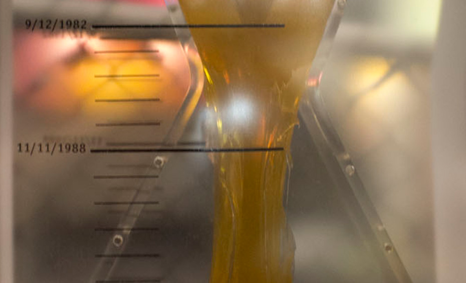 In 1982, a synthetic rubber was placed inside a case and has slowly flowed and dropped over time due to gravity. A perspex hour glass with a yellow synthetic rubber slowly flowing from top to bottom.