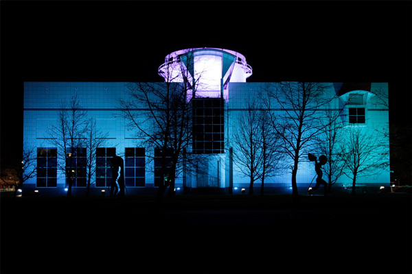 Questacon building at night.