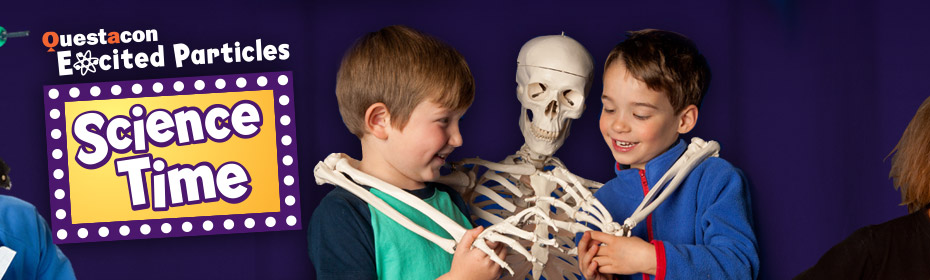A young boy and girl playing with wooden building blocks. A Logo with 'Questacon Excited Particles. Science Time'.