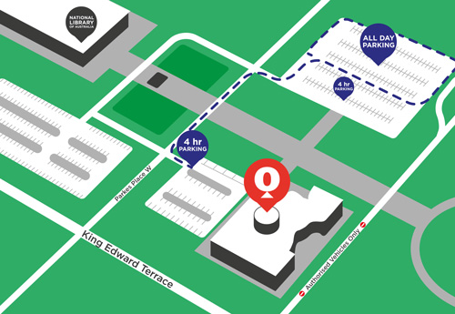 This map contains the Questacon building and outlines the two car parks closest. There is a small car park directly next to the Questacon building that contains 4 hour parking, and there is a larger car park further north containing 4 hour parking in the first two rows and all day parking beyond that. Both car parks can be accessed from the street Parkes Place West.