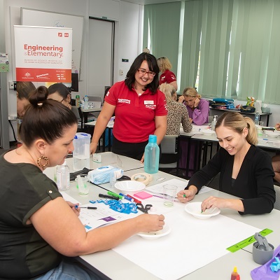 Engineering is Elementary professional development workshops for primary school teachers Participants and a presenter at an Engineering is Elementary workshop