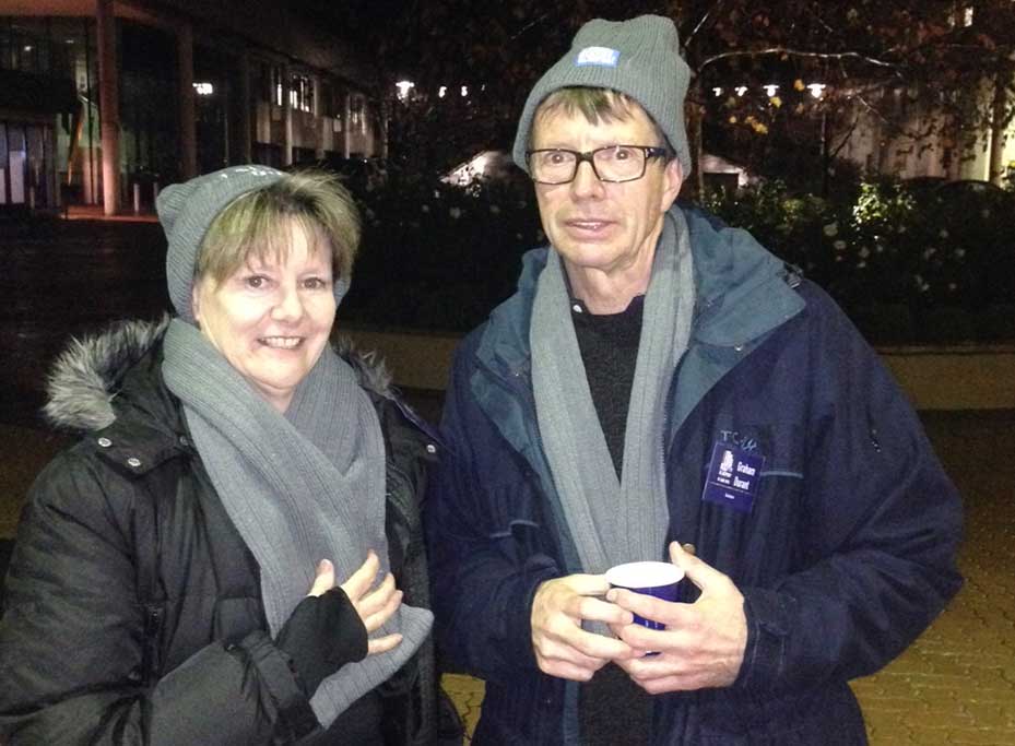 Director sleeps out for good cause IP Australia Director General, Patricia Kelly, with Graham Durant during the CEO Sleepout.