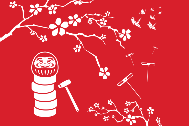 Stylised red and white illustration featuring Japanese cultural motifs, including cherry blossom branches, origami cranes, a daruma doll, and traditional wooden toys.
