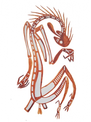Aboriginal artwork of the Stone Country Devil, named Namande from Kakadu, by Neville Namarnyilk.