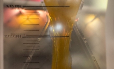 In 1982, a synthetic rubber was placed inside a case and has slowly flowed and dropped over time due to gravity. A perspex hour glass with a yellow synthetic rubber slowly flowing from top to bottom.