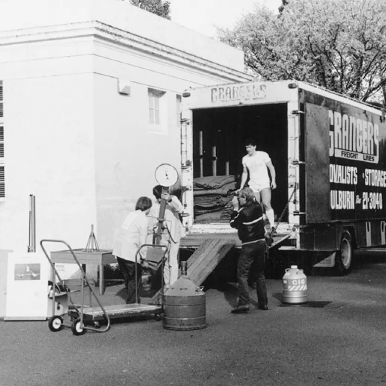 Questacon staff pack science exhibits into a truck