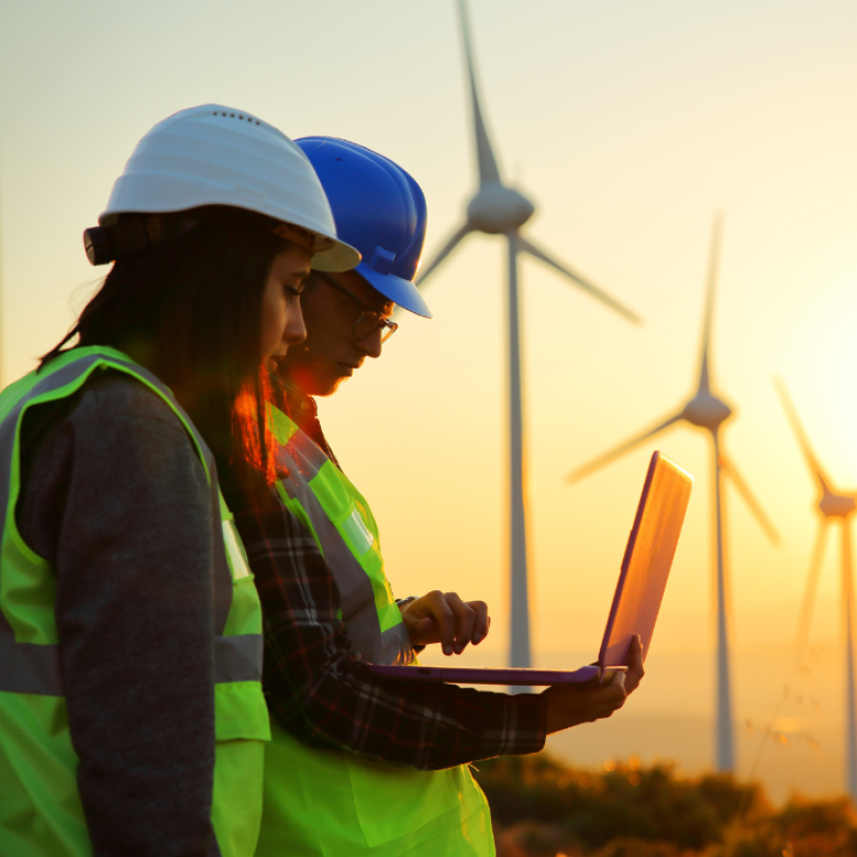 Two people stand in front of some wind turbines