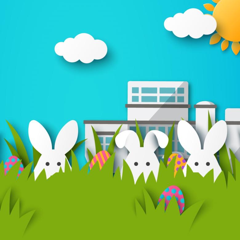 A bright digital graphic of three white bunny rabbits and four Easter eggs hiding in long grass in front of Questacon, against a bright blue sky. The digital graphic has been styled to look like the elements were cut from paper.