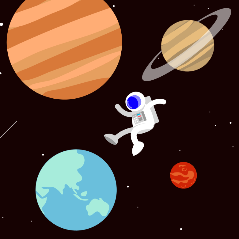A colourful, modern graphic illustration of an astronaut floating in space, surrounded by the planets Earth, Saturn, Jupiter and Mars. There is a black star-studded background.