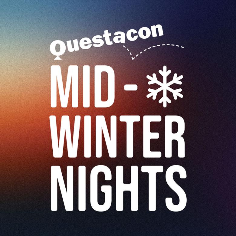 Questacon Mid-Winter Nights logo sits on a gradient background of orange and blue