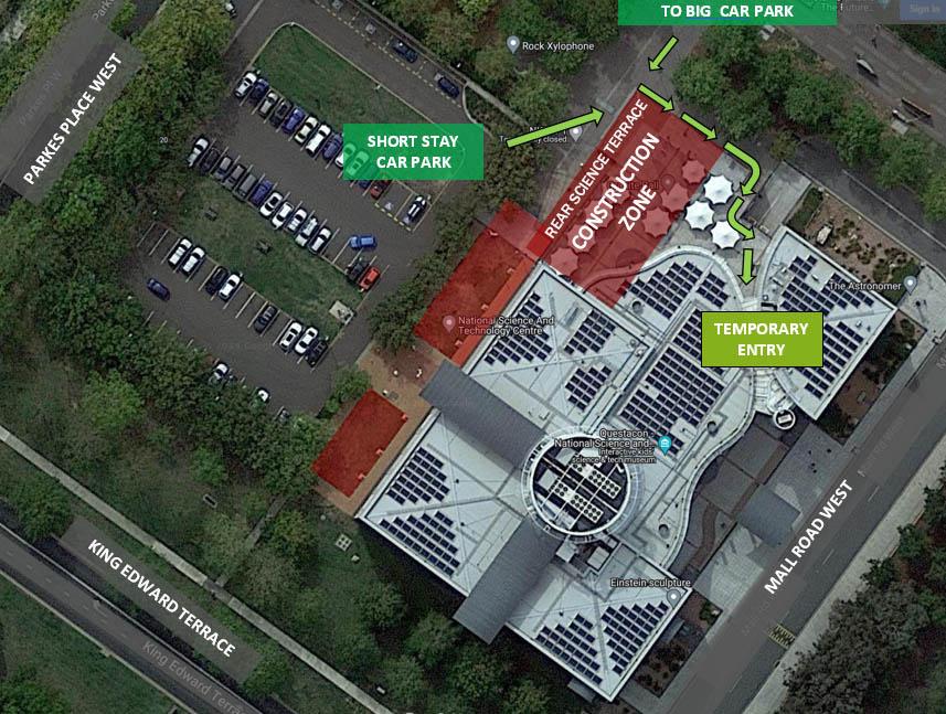 An areal view of the building indicating the path to the temporary entry, via the cafe